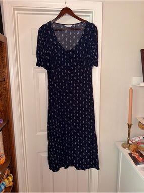 & Other Stories Navy Paisley Midi Dress with Puff Sleeves